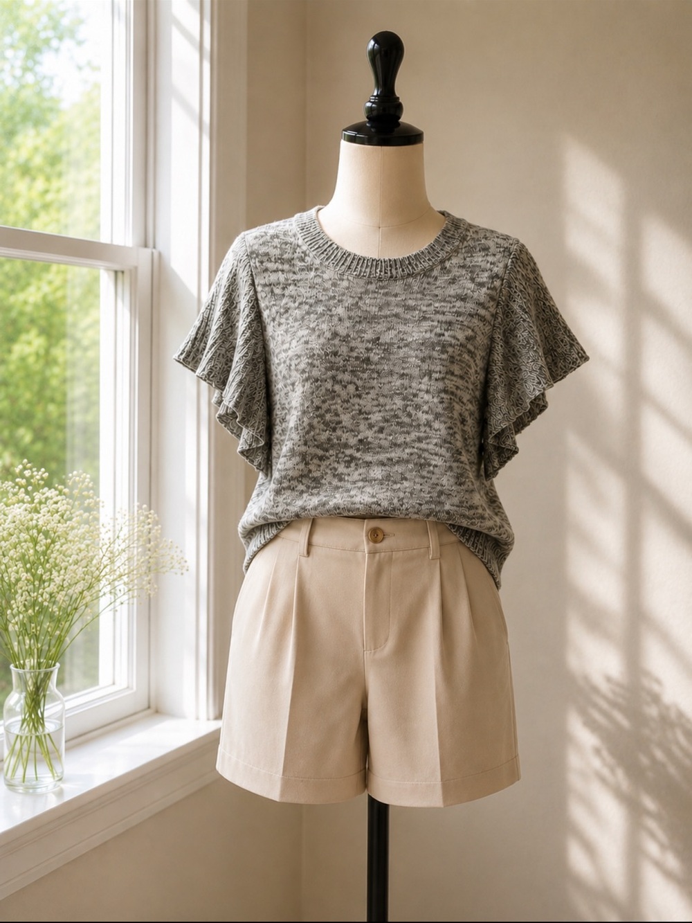 Heather Gray Ruffle Sleeve Knit Top